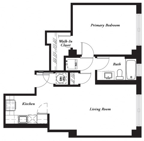 Floor plan for 1 bed, 1 bath, 726 sqft
